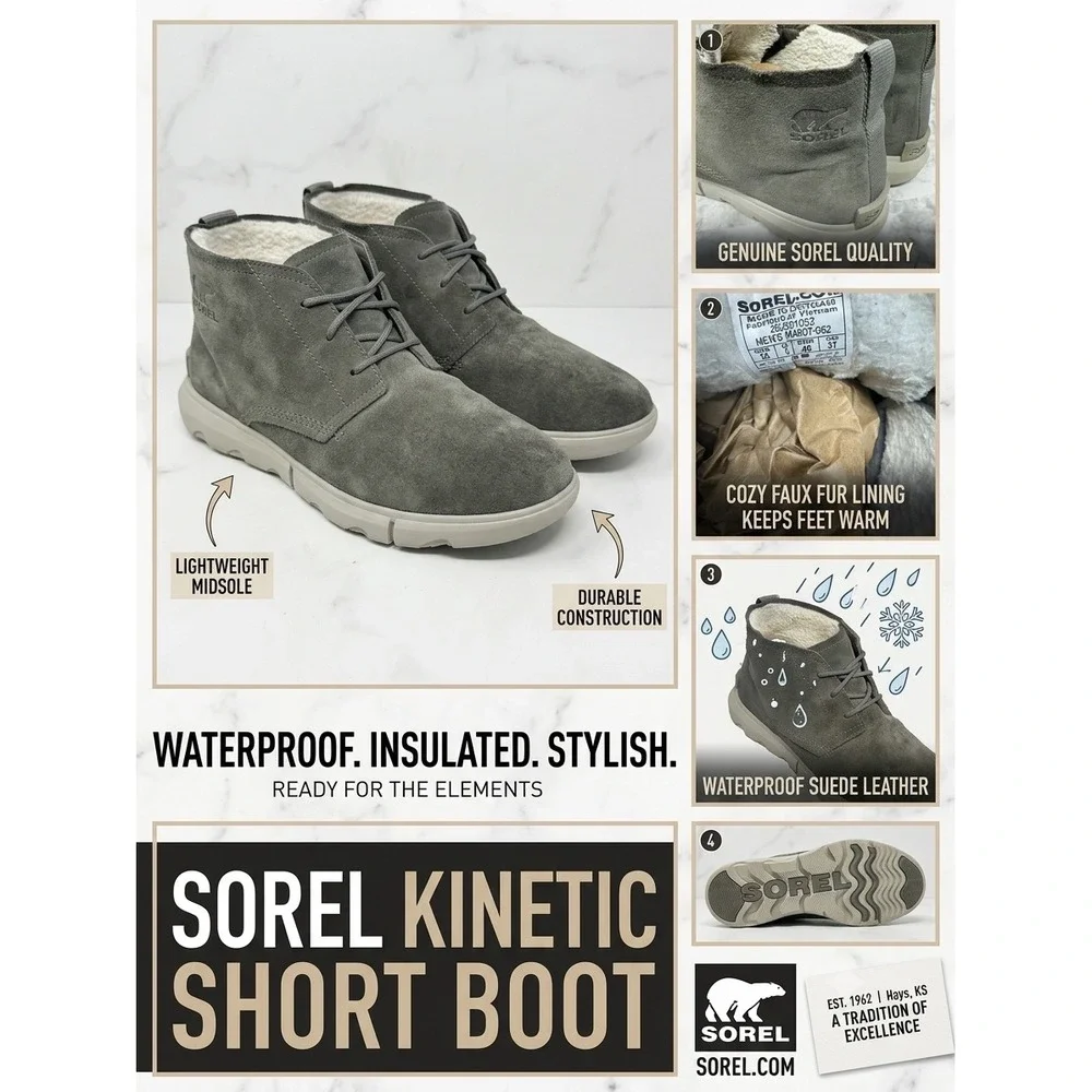 Sorel Kinetic Short Boot Mens 13 Quarry Grey Waterproof Suede Faux Fur Lined
